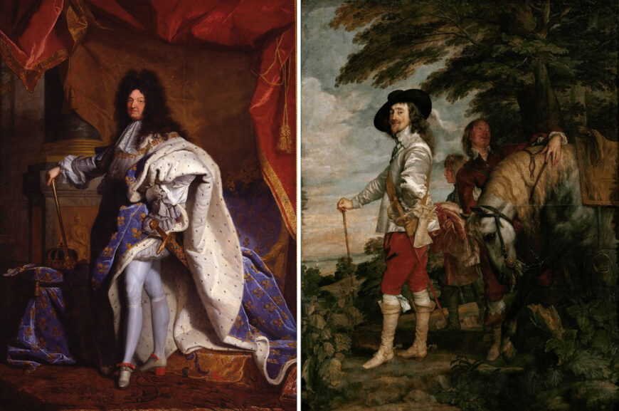 Left: Hyacinthe Rigaud, Louis XIV, 1701, oil on canvas, 27.7 x 33.95 cm (Musée du Louvre, Paris); right: Anthony van Dyck, Charles I at the Hunt, c. 1635, oil on canvas, 26.6 x 20.7 cm (Musée du Louvre, Paris)