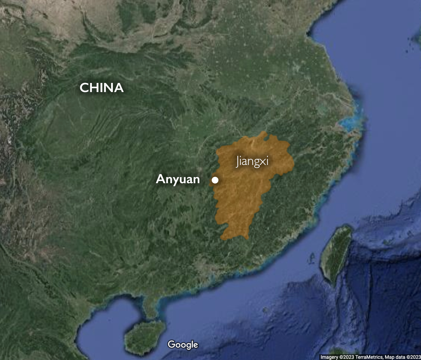 Map showing Anyuan within Jiangxi province in China (underlying map © Google)