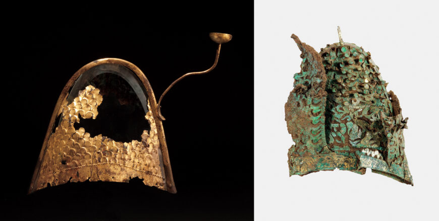 Left: gilt-bronze crown cap, Baekje kingdom, 13.7 cm high, Ibjeom-ri, Iksan (National Museum of Korea); right: gilt-bronze crown cap, Baekje kingdom, 18 cm high, Sucheon-ri, Gongju (Gongju National Museum)