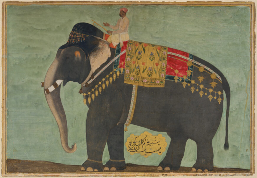 Portrait of elephant gifted to Emperor Jahangir. Attributed to Bichitr, Portrait of the Elephant 'Alam Guman, c. 1640 (India), opaque watercolor and gold on paper, 46 x 32 cm (The Metropolitan Museum of Art, New York)