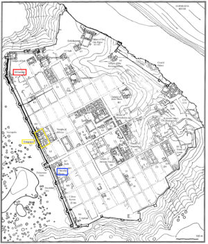 The location of the synagogue in the L7 block is indicated in yellow. Site plan showing orthogonal (grid-planned) city blocks filling c. 52 hectares (128.5 acres) within the city walls and defended by steep cliffs on three sides. Plan by A. H. Detweiler, modified by J. Baird. Original used by kind permission of Yale University Art Gallery