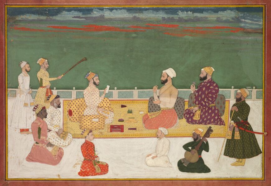 A Ruler Presents a Document to Visiting Nobles, c. 1700–20 (southern India), opaque watercolor and gold on paper, 22 x 32.7 cm (The Cleveland Museum of Art)
