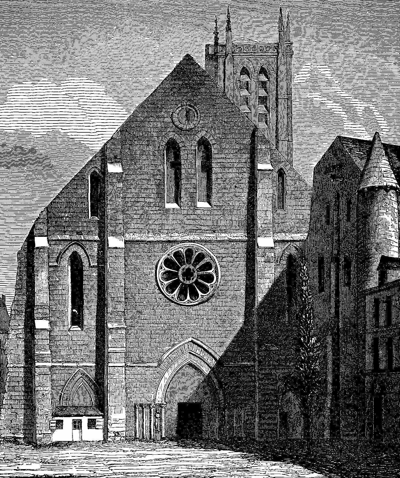 Front of the Church of the Abbey of St Genevieve in Paris in the eighteenth century, 19th century, engraving (Project Gutenberg text 10940, F. Kellerhoven)