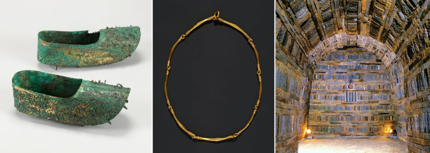 Left: king’s gilt-bronze shoes, Tomb of King Muryeong (Gongju), 35 cm long (Gongju National Museum); center: queen’s gold necklace with nine segments, Tomb of King Muryeong (Gongju), 16 cm diameter, National Treasure 158 (Gongju National Museum); right: north wall and arched ceiling of the main burial chamber of the Tomb of King Muryeong, Historic Site 13 (photo: Cultural Heritage Administration of the Republic of Korea)