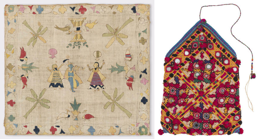 Left: Pahari Rumal, 19th century (Himachal Pradesh, India), cotton, floss silk, 48 x 52 cm (Museum of Art and Photography, Bengaluru); right: Embroidered Kothalo (dowry bag), 20th century (Gujarat, India and Sindh, Pakistan), cotton, mirrors, sequins, and glass, 21.5 x 15 cm (Museum of Art and Photography, Bengaluru)