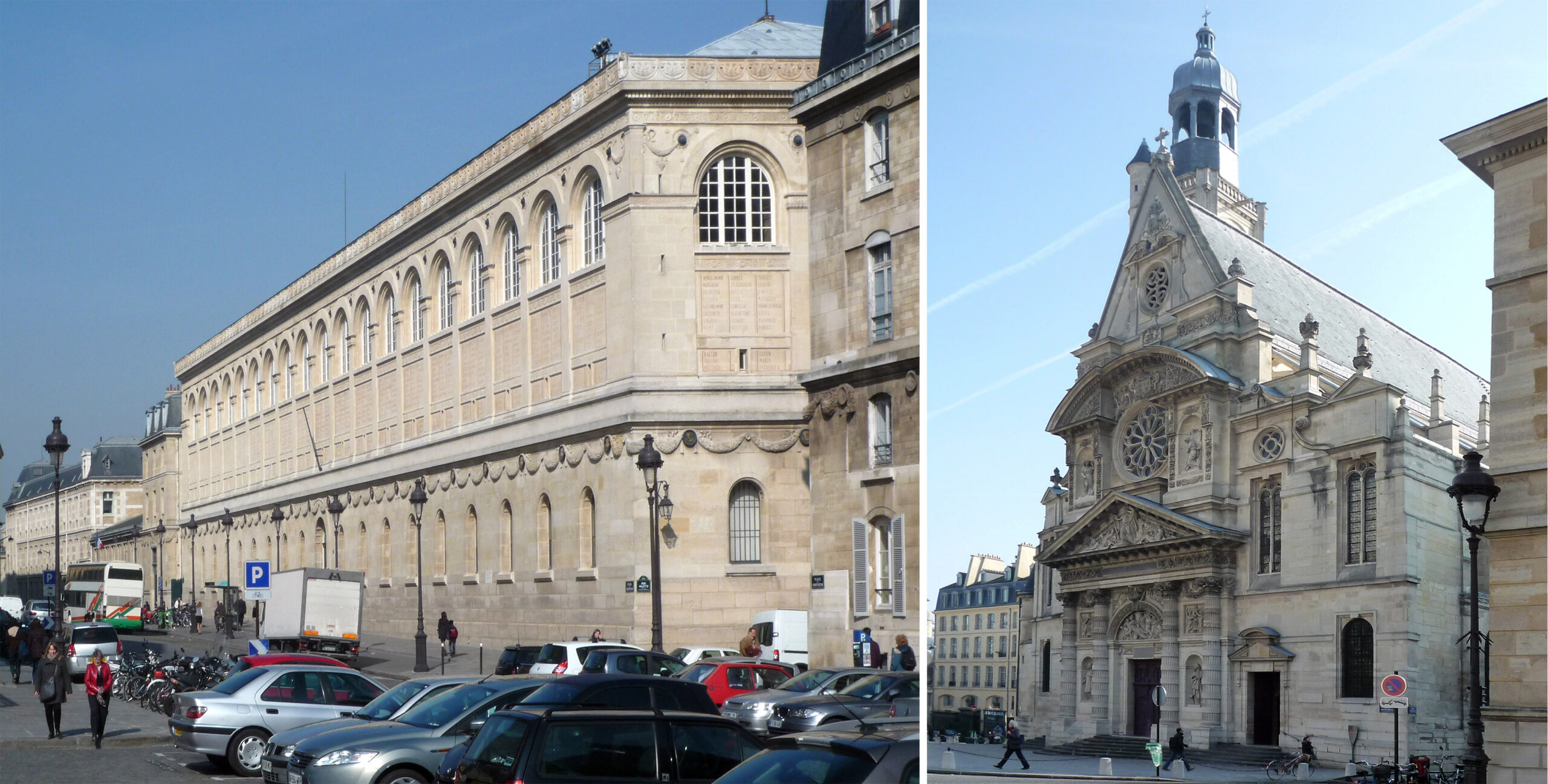 Left: Henri Labrouste, Bibliothèque Sainte-Geneviève, 1838–50, across from the Panthéon’s north side (photo: Steven Zucker, CC BY-NC-SA 2.0); right: Saint-Étienne-du-Mont, dedicated 1626, to the northeast of the Panthéon (photo: Steven Zucker, CC BY-NC-SA 2.0)