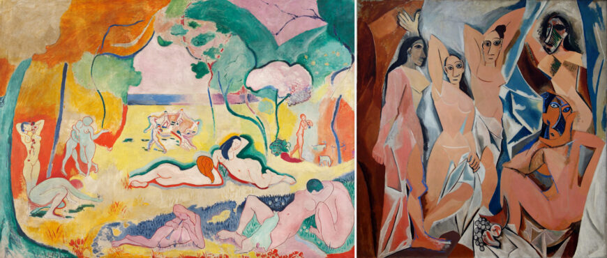 Left: Henri Matisse, Bonheur de Vivre, 1906, oil on canvas, 175 x 241 cm (Barnes Foundation, Philadelphia); right: Pablo Picasso, Les Demoiselles d'Avignon, 1907, oil on canvas, 8' x 7' 8" (Museum of Modern Art, New York, photo: Steven Zucker, CC BY-NC-SA 2.0)