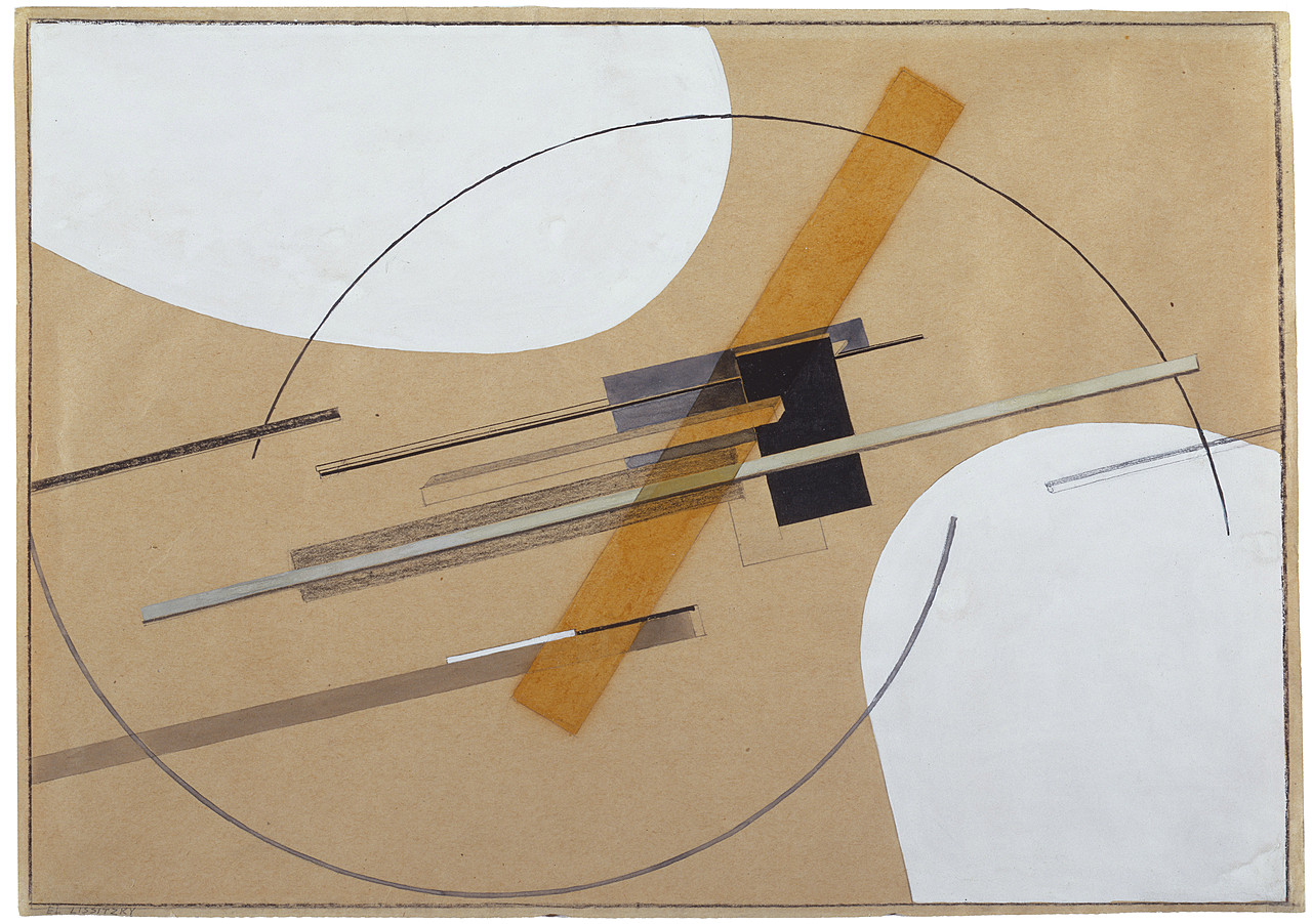 El Lissitzky, Proun (Study for Proun S.K.) (Proun [Entwurf zu Proun S.K.]) 1922–23, watercolor, gouache, ink, graphite, conté crayon, and varnish on buff paper, 8-7/16 x 11-3/4 inches (Solomon R. Guggenheim Museum, New York)
