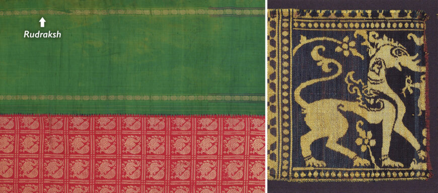 Left: detail of sari with Rudraksh motif along borders, late 20th century–early 21st century (Kanchipuram, Tamil Nadu, India), silk, gilt metal (Museum of Art and Photography, Bengaluru); right: Yali motif (detail), textile fragment, 15th–16th century (India), silk, samite, 29.3 x 17.8 cm (The Metropolitan Museum of Art, New York)