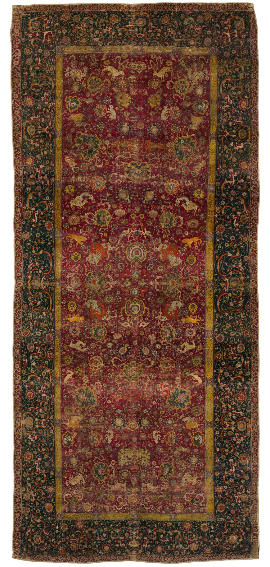 Safavid carpet with similar hunting scenes. The Emperor's Carpet, second half 16th century (attributed to Iran), Safavid empire, silk and wool, 759.5 x 339.1 cm (The Metropolitan Museum of Art, New York)