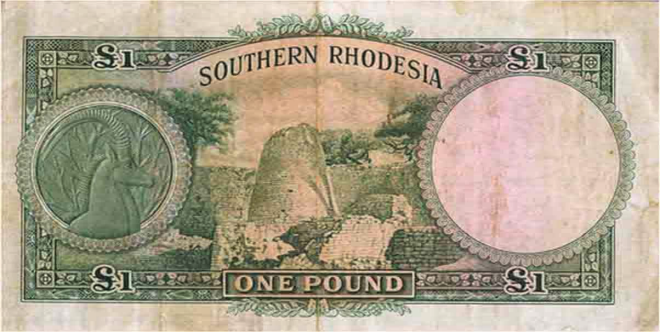 Southern Rhodesia (now Zimbabwe) banknote featuring the conical tower at Great Zimbabwe, 1955 (© Trustees of the British Museum)