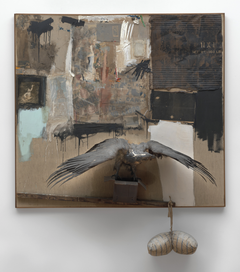 Robert Rauschenberg, Canyon, 1959, oil, pencil, paper, metal, photograph, fabric, wood, canvas, buttons, mirror, taxidermied eagle, cardboard, pillow, paint tube and other materials, 207.6 x 177.8 x 61 cm (The Museum of Modern Art, New York) © Robert Rauschenberg Foundation