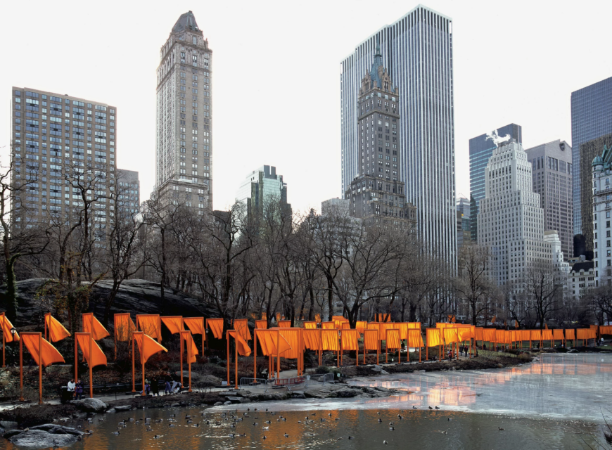 Christo and Jeanne-Claude, The Gates, 1979–2005 (view across the pond looking southeast) (photo: Wolfgang Volz) © 2005 Christo and Jeanne-Claude Foundation