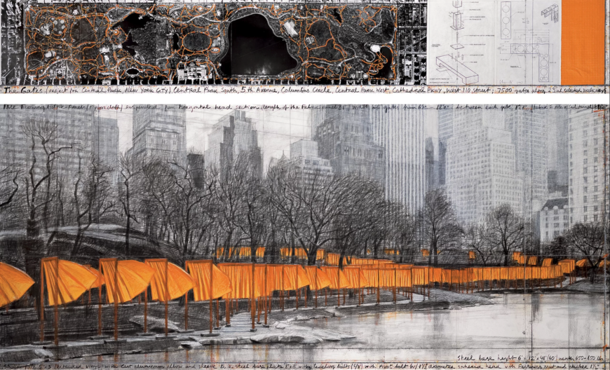 Christo, The Gates (Project for Central Park, New York City), 2003, 38 x 244 cm and 106.6 x 244 cm, pencil, charcoal, pastel, wax crayon, fabric sample, aerial photograph, and hand-drawn technical data (Whitney Museum of American Art, New York; photo: André Grossmann) © 2003 Christo and Jeanne-Claude Foundation