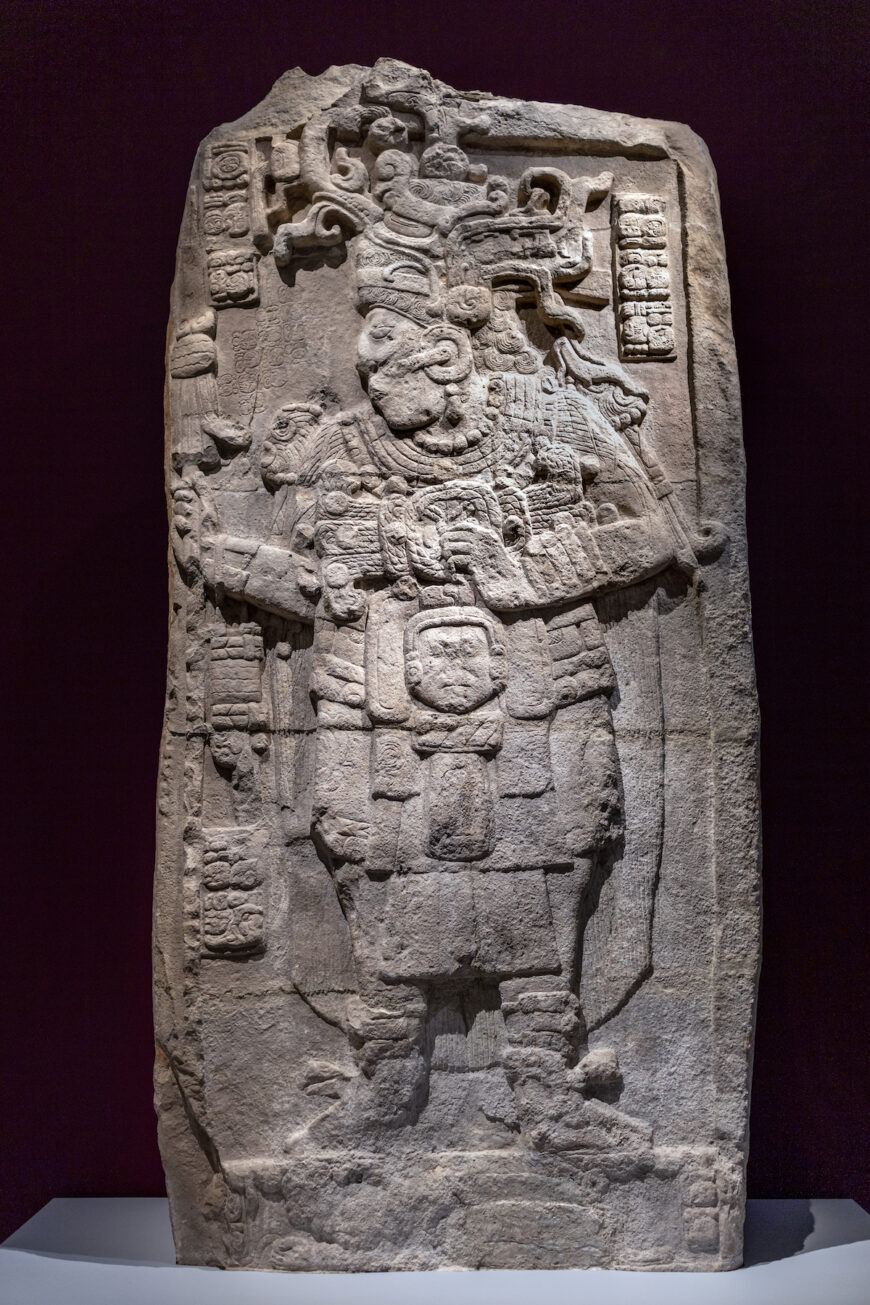 King Yuknoom Took’ K’awiil, Stele 51, Calakmul, Campeche, Mexico, 731 C.E. (Museo Nacional de Antropología, Mexico City; photo: Steven Zucker, CC BY-NC-SA 2.0)