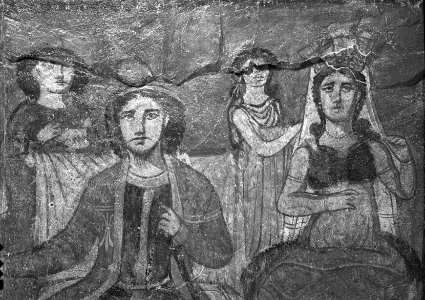 Synagogue painting, Mordecai and Esther detail, synagogue, 3rd century C.E., Dura-Europos, Syria (Yale University Archive)