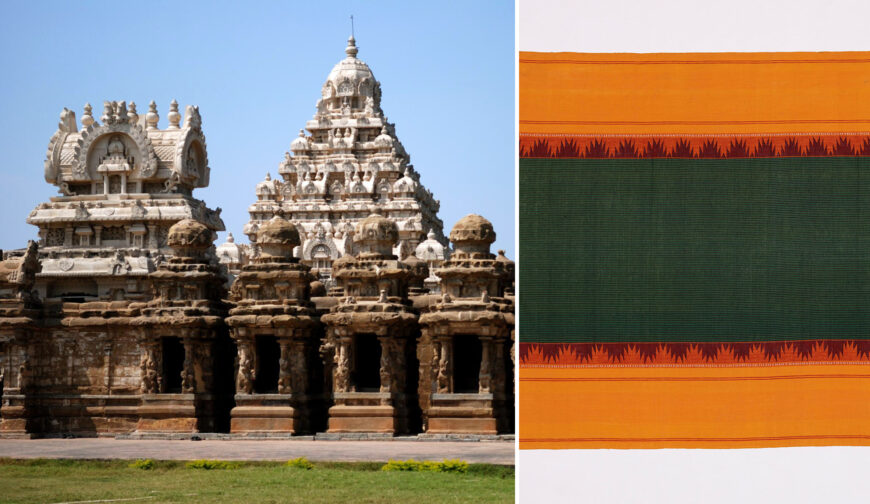 Left: Kailasanathar Temple, Kanchipuram, Tamil Nadu, India (photo: balaji shankar venkatachari, CC BY-NC 2.0); right: detail of sari with temple border motifs, late 20th–early 21st century (Chettinad, Tamil Nadu, India), cotton, 462 x 114 cm (Museum of Art and Photography, Bengaluru)