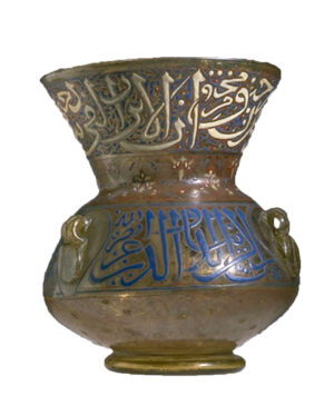 Glass lamp of sultan Baybars al-Jashankir, Egypt, 1309–10, enameled and gilded glass, 29 cm high (Victoria & Albert Museum)