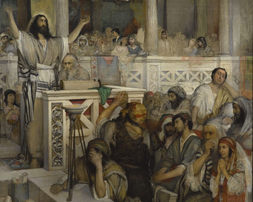 At the right, a Roman figure in a toga turns toward the viewer in seeming boredom, though he is surrounded by those in Middle Eastern garb listening to Jesus attentively. Detail, Maurycy Gottlieb, Christ Teaching at Capernaum, 1878–79, 209 x 271.5 cm (National Museum, Warsaw)