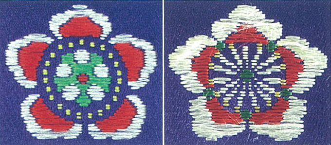 Left: ihwa flower motif from a jeogui with nine rows of pheasants (National Palace Museum of Korea); right: revised ihwa flower motif from a jeogui with twelve rows of pheasants (Sejong University Museum)