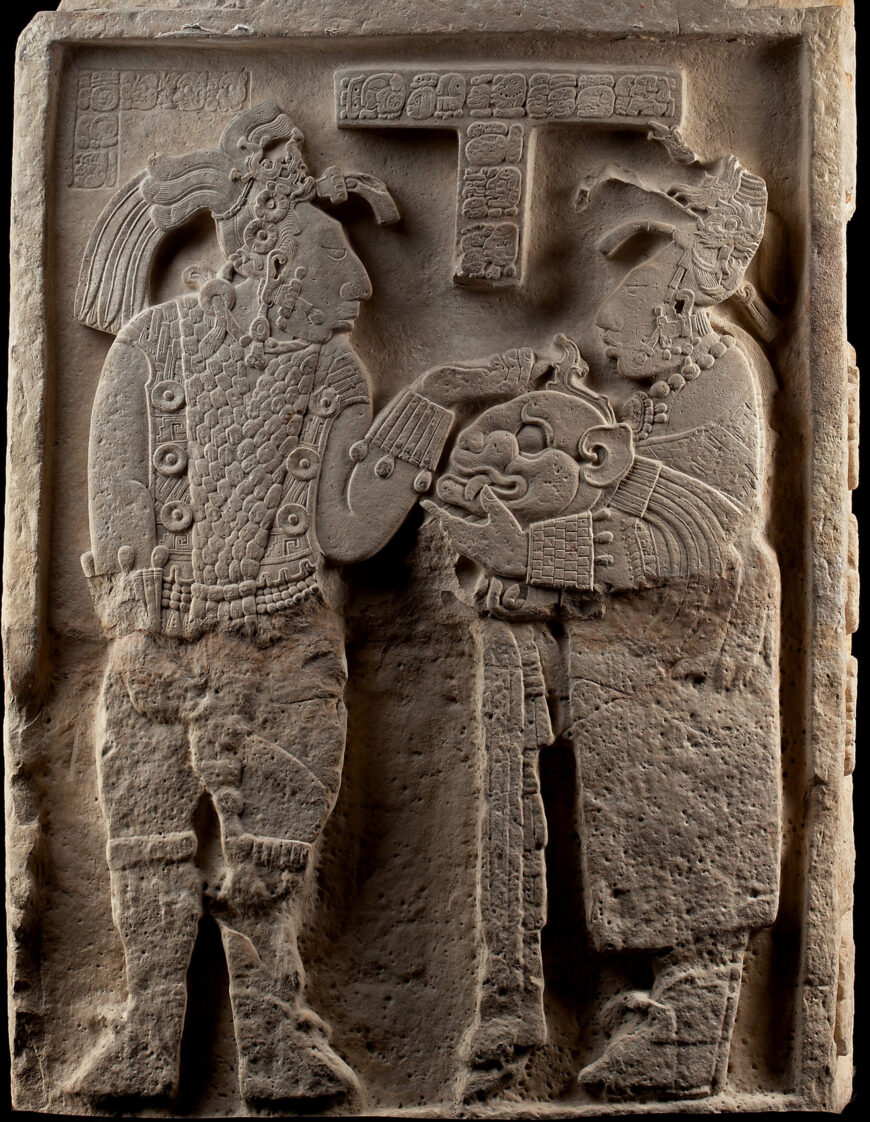 Lintel 26, Structure 23, Yaxchilán (Maya) represents Lady Xook helping to dress her husband for battle (Museo Nacional de Antropología, Mexico City) (view a diagram of this lintel)