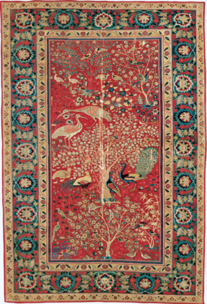 Carpet with bird couples in a landscape, Lahore, c. 1600, cotton, wool, 233 x 158 cm (The Museum of Applied Arts, Vienna)