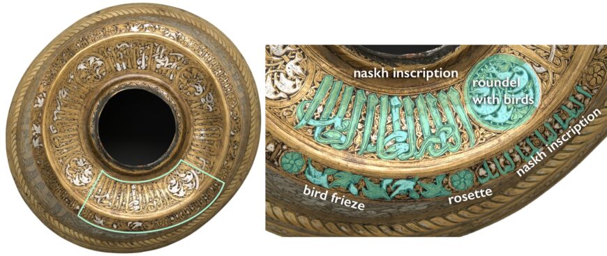 Drip tray, candlestick base attributed to al-Malik al-Nasir Muhammad bin Qalawun, first half of 14th century, Egypt, brass with silver inlay, 21.1 x 33.4 cm (The Metropolitan Museum of Art) 