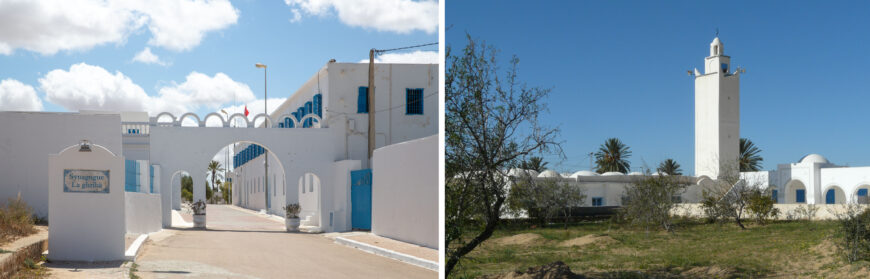 Left: Ghriba synagogue, 19th century, Djerba, Tunisia (photo: Ariel Fein, CC BY-NC-SA 2.0); right: Haouari mosque, Djerba, Tunisia (Daniel, CC BY-NC-ND 2.0)