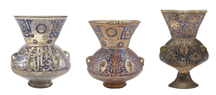 Left: type 1, Glass lamp for mosque of sultan Hassan, Egypt, 1354–61, enameled and gilt glass, 35 cm high (Calouste Gulbenkian Museum); center: type 2, Glass lamp for mosque of sultan Hassan, Egypt, 1354–61, enameled and gilt glass, 33.6 cm high (Freer Museum); type 3, Glass lamp for mosque of sultan Hassan, Egypt, 1354–61, enameled and gilt glass, 38.5 cm high (© Trustees of the British Museum)