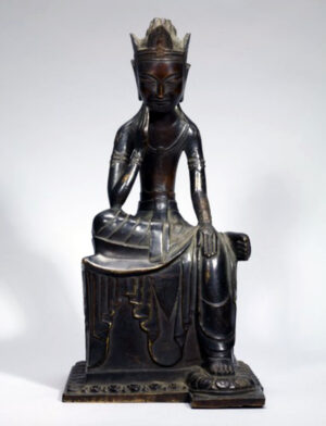 Pensive bodhisattva, 606 or 666, Asuka period, cast bronze and gold plated, 38.8 cm high, from Horyuji, n-156 (Tokyo National Museum)