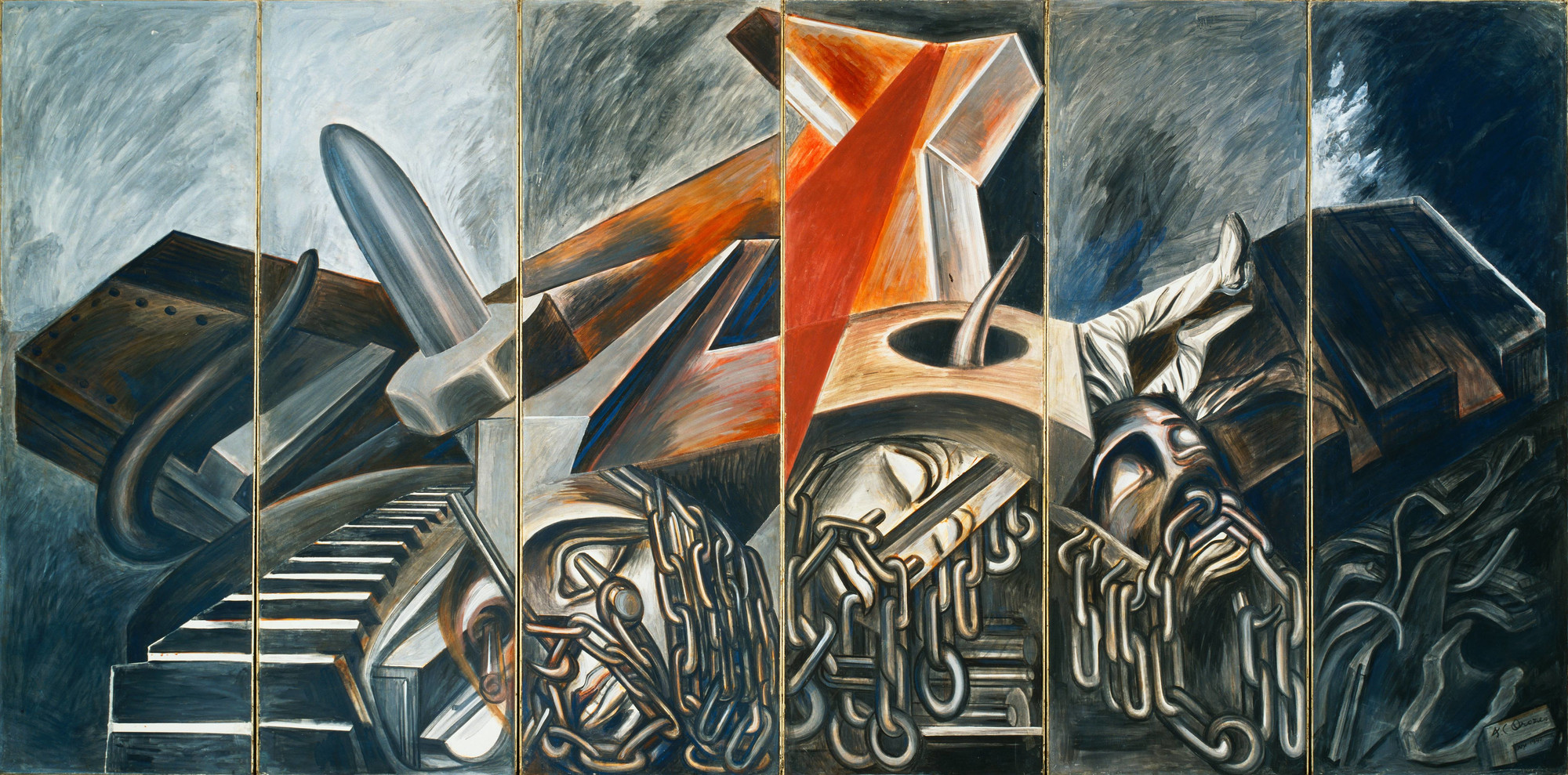 José Clemente Orozco, Dive Bomber and Tank, 1940, fresco, six panels, 275 x 91.4 cm each, 275 x 550 cm overall (The Museum of Modern Art, New York)