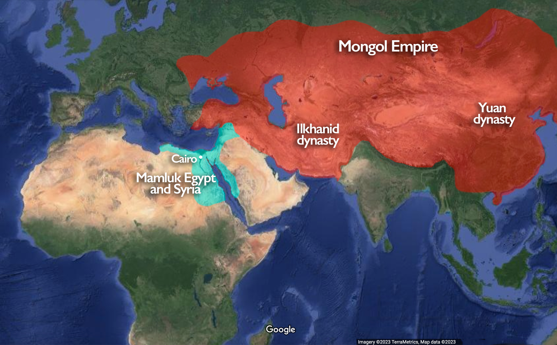 Map of West and East Asia in the 14th century (underlying map © Google)