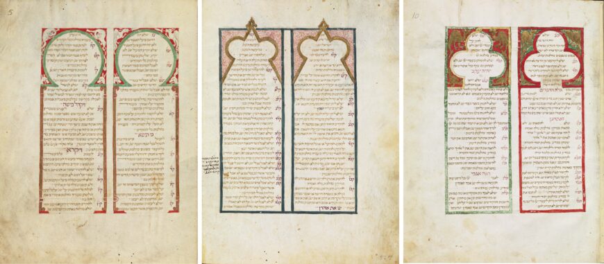 Preliminary texts set in architectural frames. Right: Folio 10r; center: 5v; left: 5r, all from Joshua ibn Gaon, MS. Kennicott 2, 1306, Soria (Spain) (Bodleian Libraries, University of Oxford)