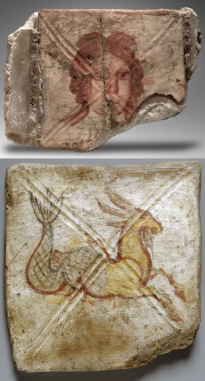 Upper: Tile with Female Face; lower: Tile with Capricorn; both 245 C.E., synagogue, Dura-Europos (Yale University Art Gallery)