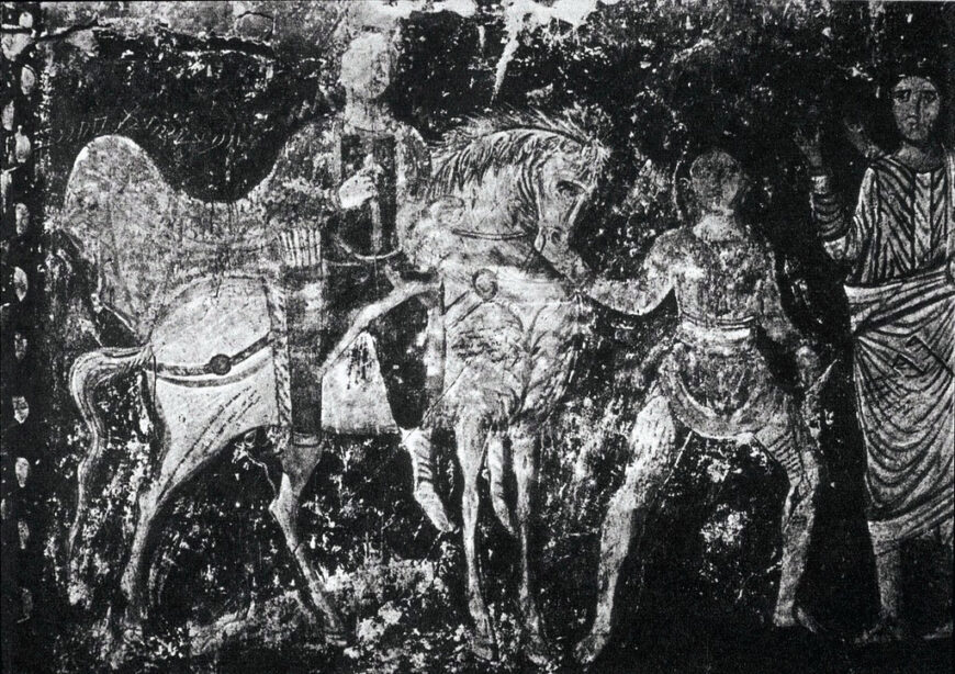 Photograph showing dipinti in the Purim panel, synagogue, 3rd century C.E., Dura-Europos, Syria (Yale University Archive)