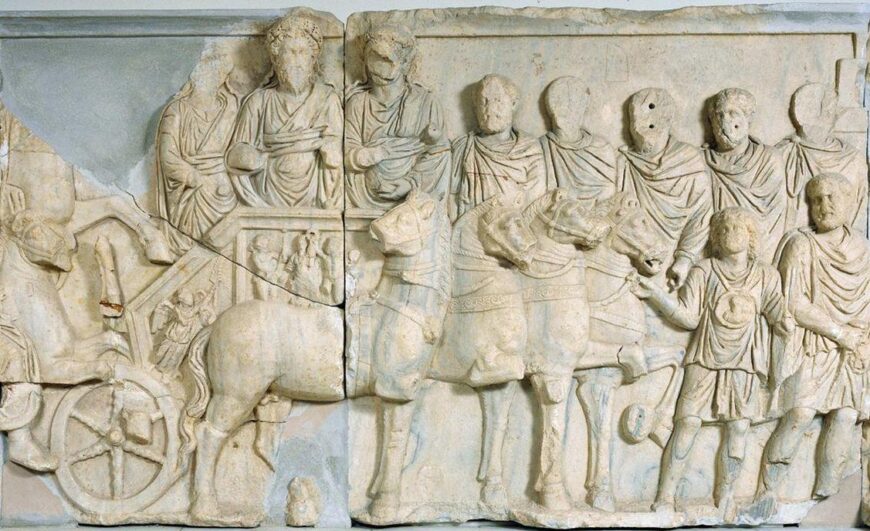 Chariot procession of Septimus Severus, relief from the attach of the Arch of Septimus Severus, Leptis Magna, Libya, 203 C.E., marble, 167 cm high (Red Castle Museum, Tripoli)