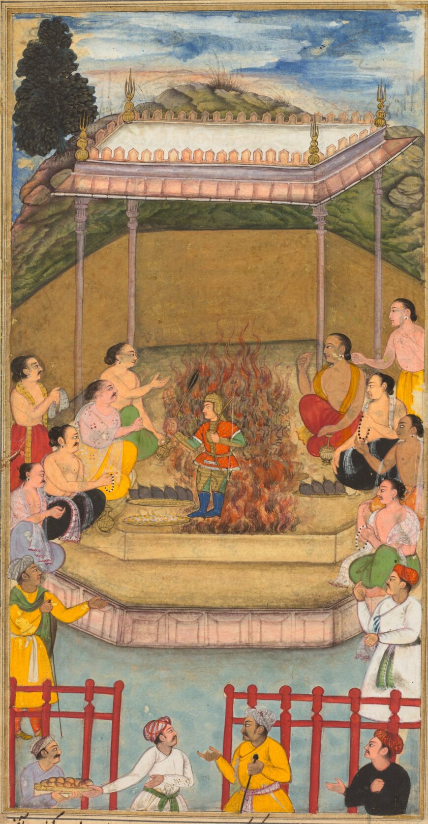 Attributed to Bilal Habshi, Yaja and Upayaja Perform a Sacrifice for the Emergence of Dhrishtadyumna from the Fire, from Adi-parva (volume one) of the Razmnama, 1598, opaque watercolor with gold on paper, 29.8 x 16.8 cm (The Cleveland Museum of Art)
