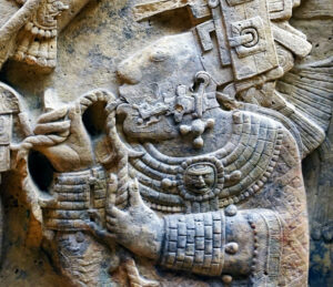 Lady Xook pulls a thorned cord through her tongue (detail), Lintel 24, Structure 23, Yaxchilán (Maya) (© The Trustees of the British Museum, London; photo: Steven Zucker, CC BY-NC-SA 2.0)