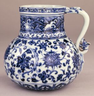 The jug probably had a lid, which has been lost. Blue-and-white porcelain jug, early 15th century (Ming dynasty, Jingdezhen, Jiangxi province, southern China), 14 cm high (© The Trustees of the British Museum, London)