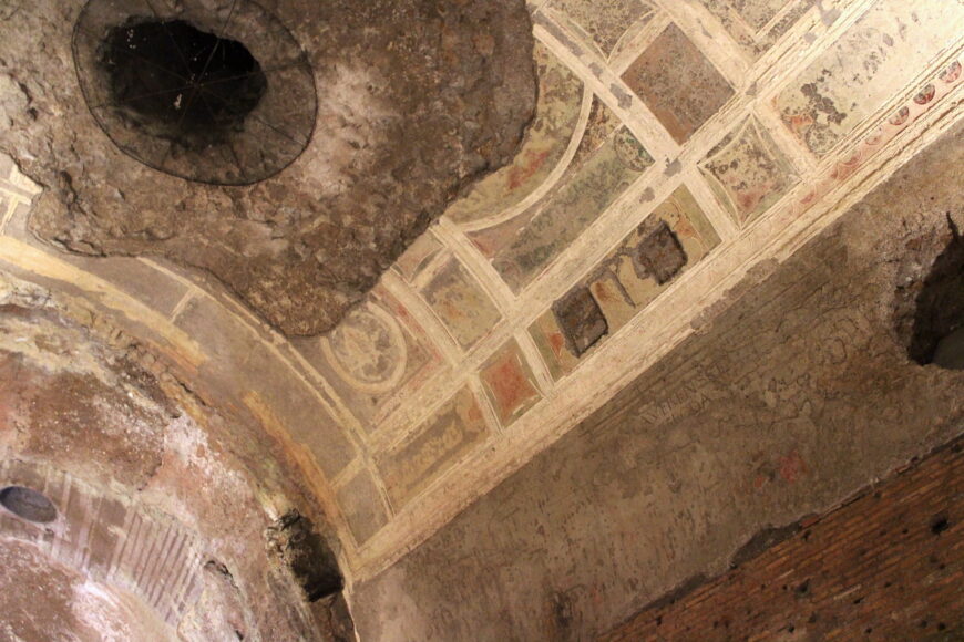 Holes from Renaissance explorers in the ceiling of the "Golden Vault" and graffiti with Renaissance explorers' names. Domus Aurea, Rome, 65–68 C.E. (photo: Jessica Mingoia, CC BY-NC-ND 2.0)
