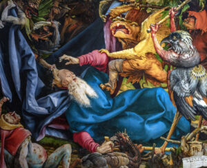 Temptations of Saint Anthony panel (detail), Matthias Grünewald, Isenheim Altarpiece, c. 1512–16, oil and tempera on limewood panels, 376 x 668 cm (Unterlinden Museum, Colmar, France; photo: Steven Zucker, CC BY-NC-SA 2.0)