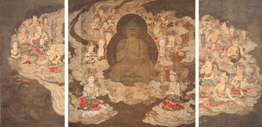 Descent of Amitabha and the Heavenly Multitude, 12th century (Heian period), paint on silk (Kōyasan Museum of Sacred Treasures)