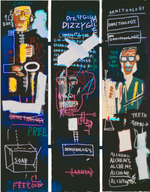 Jean-Michel Basquiat, Horn Players, 1983, acrylic and oil stick on three canvas panels mounted on wood supports, 243.8 x 190.5 cm (The Broad Art Foundation) © The Estate of Jean-Michel Basquiat