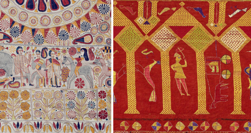 Left: Bengali "gentlemen" wearing round-brimmed hats, laced shoes, and jackets (detail), Kantha, late 19th century (Undivided Bengal), cotton, satin, 194.3 x 116.8 cm (Philadelphia Museum of Art); right: colonial figure with a parasol and a helmet (detail), Darshan Dwar Phulkari, first half of the 20th century (Punjab), cotton, silk, 243.8 x 139.1 cm (Philadelphia Museum of Art)