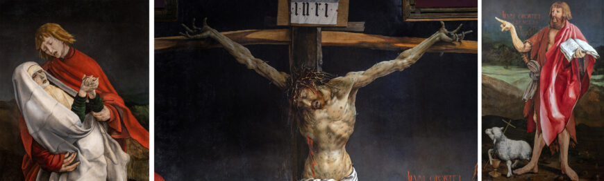 Crucifixion (detail), left: the Virgin and the young St. John the Evangelist (photo: Steven Zucker, CC BY-NC-SA 2.0); middle: Christ on the cross (photo: Steven Zucker, CC BY-NC-SA 2.0); right: John the Baptist and a scroll that reads "he must increase, but I must decrease." (photo: Steven Zucker, CC BY-NC-SA 2.0). Matthias Grünewald, Isenheim Altarpiece, view in the chapel of the Hospital of Saint Anthony, Isenheim, c. 1512–16, oil and tempera on limewood panels, 376 x 668 cm (Unterlinden Museum, Colmar, France)