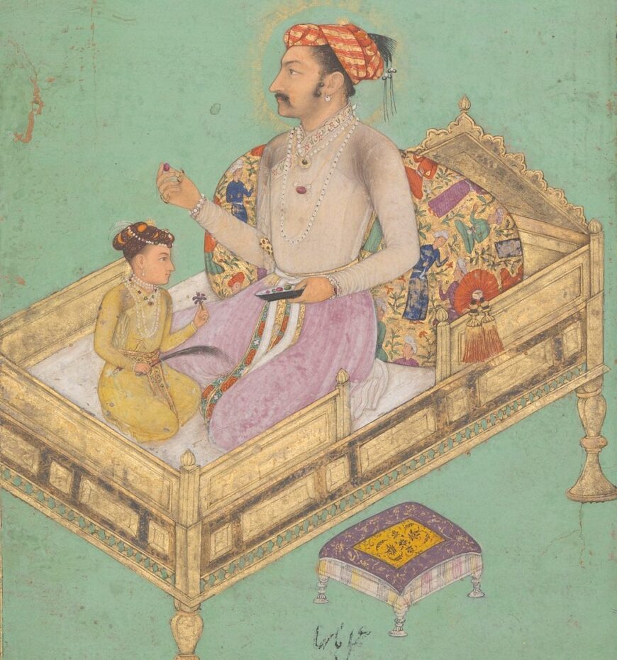 Shah Jahan inspecting jewels with his son (detail). Attributed to Nanha, The Emperor Shah Jahan with his Son Dara Shikoh, c. 1620, ink, opaque watercolor and gold on paper, margins: gold and opaque watercolor on dyed paper, 38.9 x 26.2 cm (The Metropolitan Museum of Art, New York)