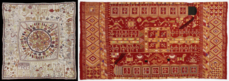 Left: Kantha with snake goddess Manasa, 1875 (Undivided Bengal), cotton, satin, 79.4 x 73.7 cm (Philadelphia Museum of Art); right: Sainchi Phulkari (shawl) with train design, 20th century (Punjab), cotton, silk, 227.3 x 123.2 cm (Philadelphia Museum of Art)