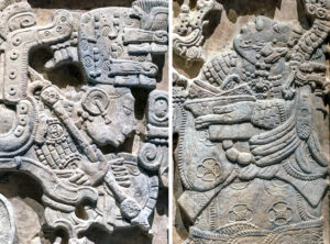 Left: figure emerges from the mouth of a vision serpent (detail); right: Lady Xook (detail). Lintel 25, Structure 23, Yaxchilán (Maya) (© The Trustees of the British Museum, London; photo: Steven Zucker, CC BY-NC-SA 2.0)