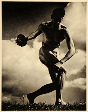 From Leni Riefenstahl's Olympia (1938), clearly based on the ancient Greek sculpture of the Discobolos