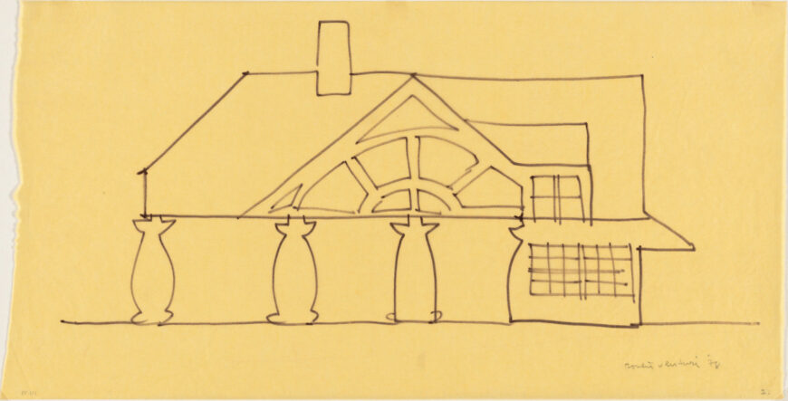 Venturi and Rauch, Robert Venturi, John Rauch, Denise Scott Brown, House in New Castle County, Delaware, Preliminary study of west elevation, 1978, felt-tipped pen on tracing paper, 30.5 x 59.7 cm (The Museum of Modern Art, New York) © 2015 Robert Venturi and Denise Scott Brown